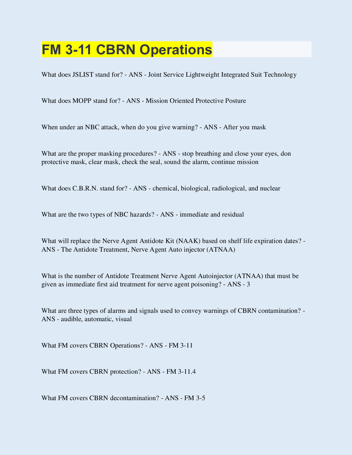 Preview image for FM 3-11 CBRN Operations | 60 Questions with 100% Correct Answers | Updated & Verified